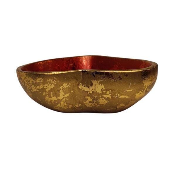 Wood Heart Shaped Bowl Red With Gold Leaf Jewelry Trinket Dish 6" x 6" x 2.5" - Picture 7 of 14